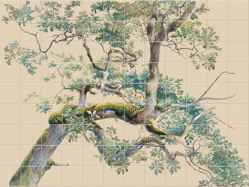Botanical ceramic tile mural with tree branches and green leaves