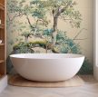 Botanical ceramic tile mural with tree branches and green leaves