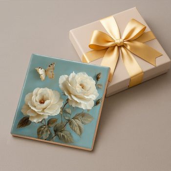 White roses - ceramic tile trivet