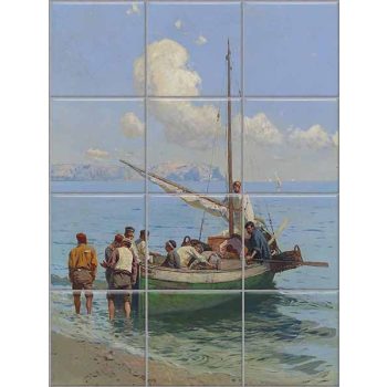 Seaside fishermen and wooden sailing boat ceramic tile mural with blue sea and clouds Seaside fishermen and wooden sailing boat ceramic tile mural with blue sea and clouds