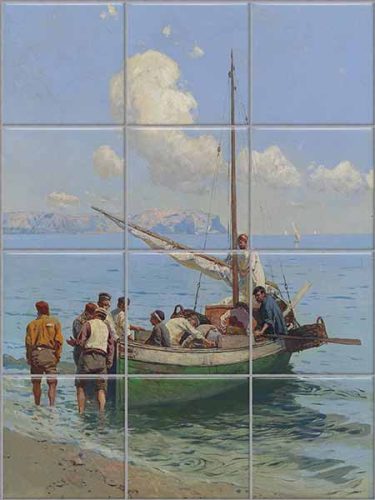 Seaside fishermen and wooden sailing boat ceramic tile mural with blue sea and clouds