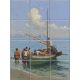 Seaside fishermen and wooden sailing boat ceramic tile mural with blue sea and clouds