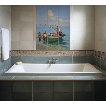 Seaside fishermen and wooden sailing boat ceramic tile mural with blue sea and clouds