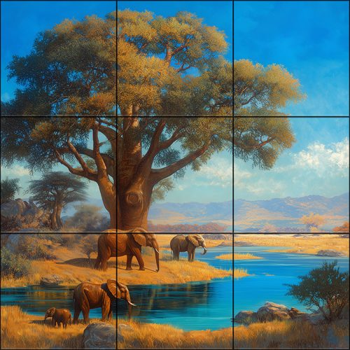 Ceramic tile mural - elephants at the lake 