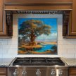 Elephants near water under a baobab tree in African landscape – ceramic decor tile mural
