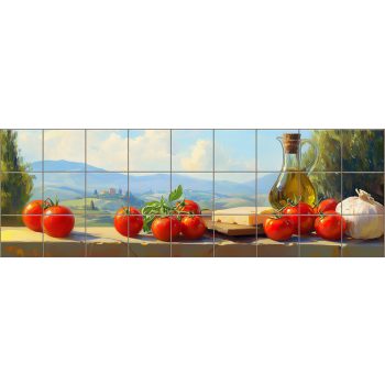 Tuscan countryside with tomatoes, cheese, olive oil and garlic on ceramic tile mural Tuscan countryside with tomatoes, cheese, olive oil and garlic on ceramic tile mural