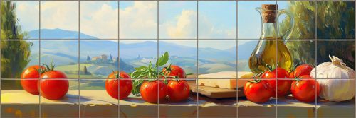 Tuscan countryside with tomatoes, cheese, olive oil and garlic on ceramic tile mural