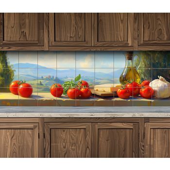 Tuscan countryside with tomatoes, cheese, olive oil and garlic on ceramic tile mural