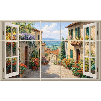 ceramic tile mural view to mediterranean street window scene