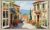 Mediterranean window tile mural – Tuscan street with floral houses and scenic hill view