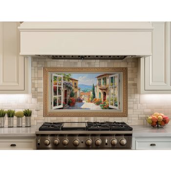 Mediterranean window tile mural – Tuscan street with floral houses and scenic hill view