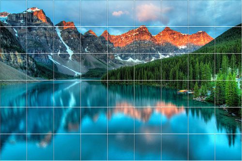 Tile mural of Moraine Lake and mountain peaks – decorative ceramic tile