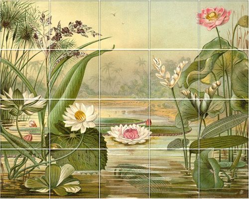 water lilies and exotic plants in tropical scenery – ceramic tile mural