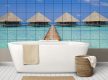 Overwater bungalows with wooden pier on turquoise sea – tropical tile mural
