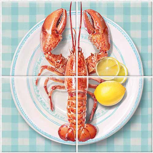 Plated lobster with lemon slices – ceramic tile mural for kitchen decor