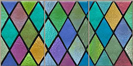 Színes rombuszmintás ólomüveg hatású dekorcsempe fekete kontúrral