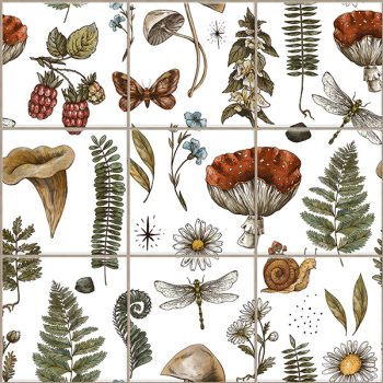 Decorative tile mural with mushrooms, ferns, wildflowers, dragonflies, butterfly and snail