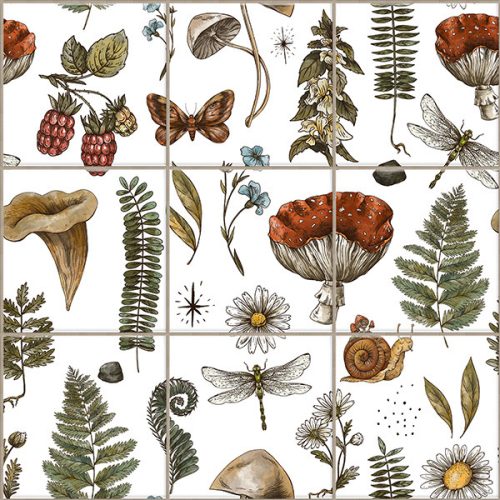 Decorative tile mural with mushrooms, ferns, wildflowers, dragonflies, butterfly and snail