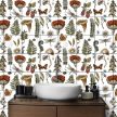 Decorative tile mural with mushrooms, ferns, wildflowers, dragonflies, butterfly and snail