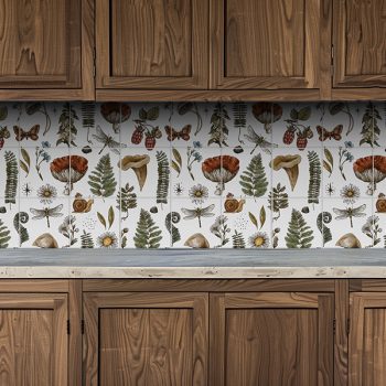 Decorative tile mural with mushrooms, ferns, wildflowers, dragonflies, butterfly and snail