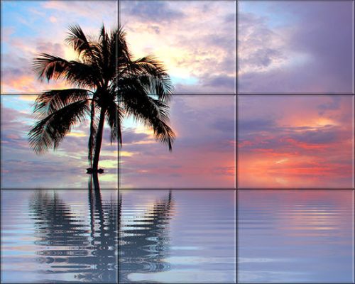 Beach and palm tree in the sunset - tile mural