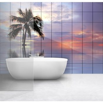 Beach and palm tree in the sunset - tile mural
