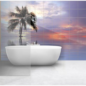 Tile mural with beach and palm tree