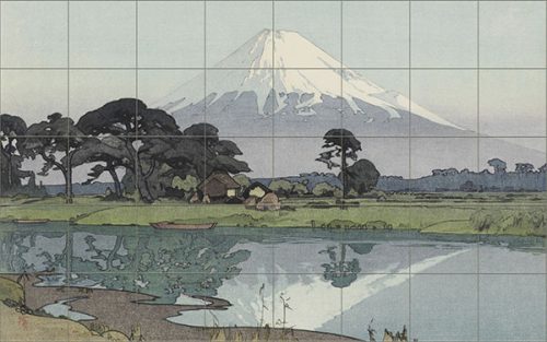 Japán tájkép Fudzsi-heggyel, tóval és csónakokkal – panorámaformátumú csempekép