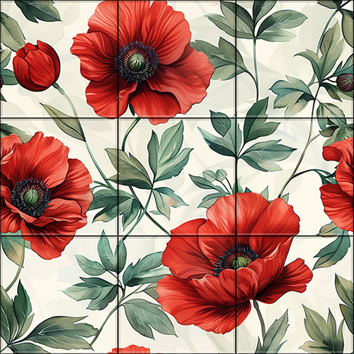 Ceramic tile mural with red poppies and green leaves in a classic floral design