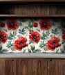 Ceramic tile mural with red poppies and green leaves in a classic floral design