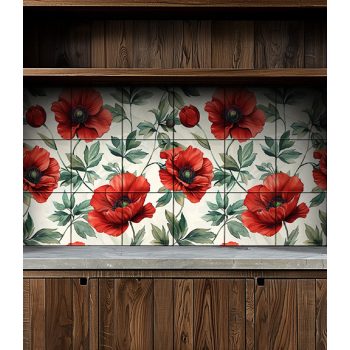 Piros pipacsokat és zöld leveleket ábrázoló dekorcsempe klasszikus stílusban