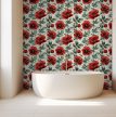 Ceramic tile mural with red poppies and green leaves in a classic floral design