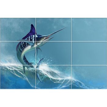 Ceramic tile mural with leaping swordfish and ocean waves Ceramic tile mural with leaping swordfish and ocean waves