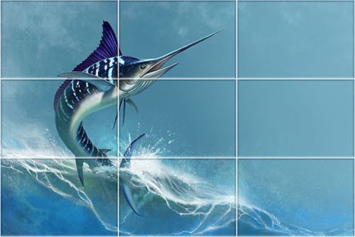 Ceramic tile mural with leaping swordfish and ocean waves