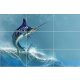 Ceramic tile mural with leaping swordfish and ocean waves