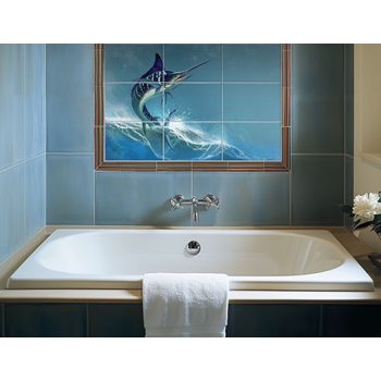 Ceramic tile mural with leaping swordfish and ocean waves