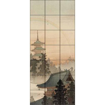 Vertical ceramic tile mural showing a Japanese pagoda, temple roof, and rainbow in a peaceful setting Vertical ceramic tile mural showing a Japanese pagoda, temple roof, and rainbow in a peaceful setting