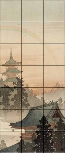 Japán pagoda, templomtető és szivárvány kerámia fali csempeképen