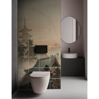 Vertical ceramic tile mural showing a Japanese pagoda, temple roof, and rainbow in a peaceful setting