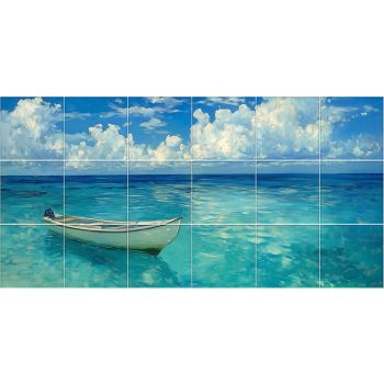 Ceramic tile mural with a boat floating on turquoise sea under a cloudy blue sky Ceramic tile mural with a boat floating on turquoise sea under a cloudy blue sky