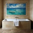 Ceramic tile mural with a boat floating on turquoise sea under a cloudy blue sky