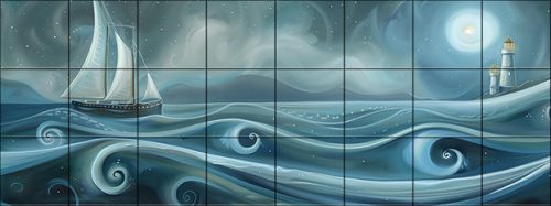 Ceramic tile mural - ship Van Gogh style 