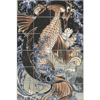 Tile mural with Japanese warrior fighting a giant koi fish in stylized waves Tile mural with Japanese warrior fighting a giant koi fish in stylized waves
