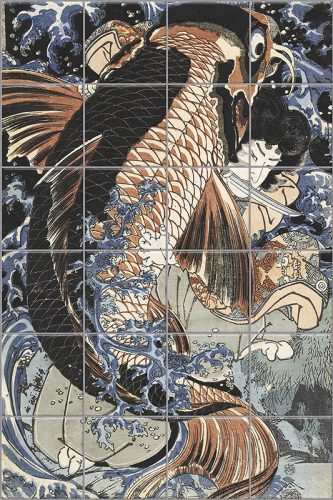 Tile mural with Japanese warrior fighting a giant koi fish in stylized waves