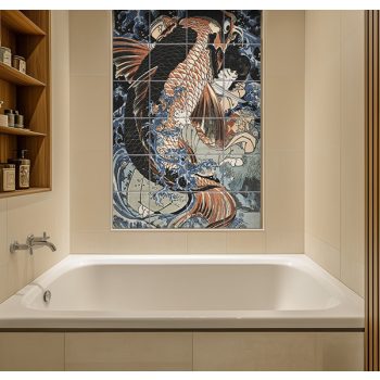 Tile mural with Japanese warrior fighting a giant koi fish in stylized waves