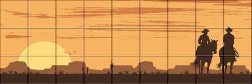 silhouetted cowboys on horses at sunset with desert background – western ceramic tile mural