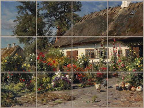 cottage garden with flowers and chickens – kitchen tiles