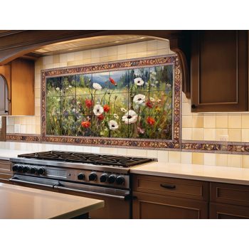 Vadvirágos mező pipacsokkal és margarétákkal – kerámia csempekép