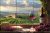 Tuscan vineyard with wine glass, cheese wedges, and grape clusters on a mosaic tile scene