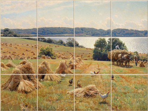 Ceramic tile mural with peasant woman harvesting among grain sheaves, mountain landscape in the background